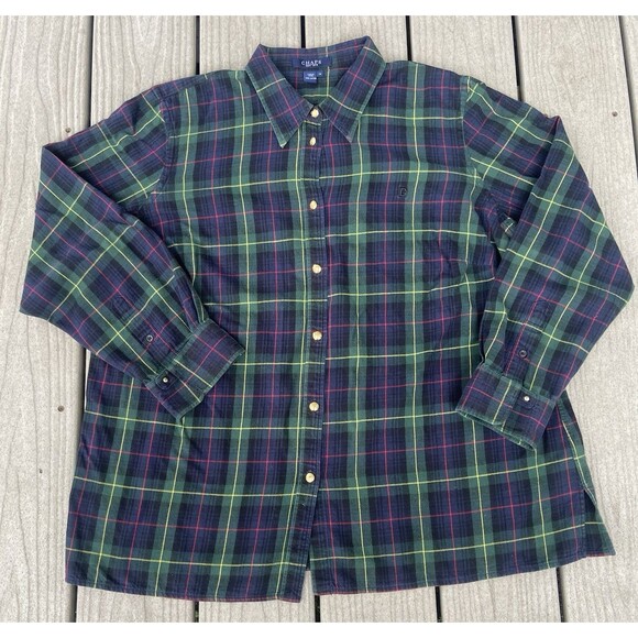 Chaps Top Plus 1X Green Blue Red Plaid Flannel Shirt Gold Buttons 100% Cotton - Picture 1 of 9